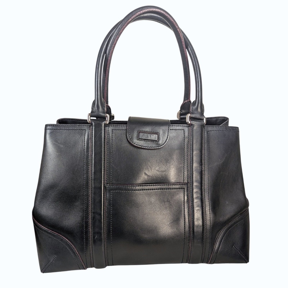 Black Leather Structured Tote Bag Double Handle Shoulder Bag Silver Hardware